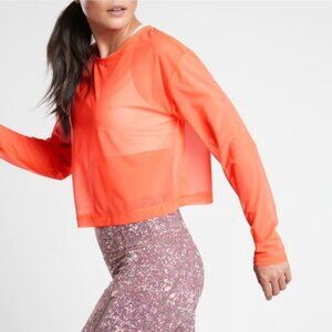 Athleta -Womens -Circuit Top- XSmall - Neon Orange -Crop long Sleeve Mesh Neon